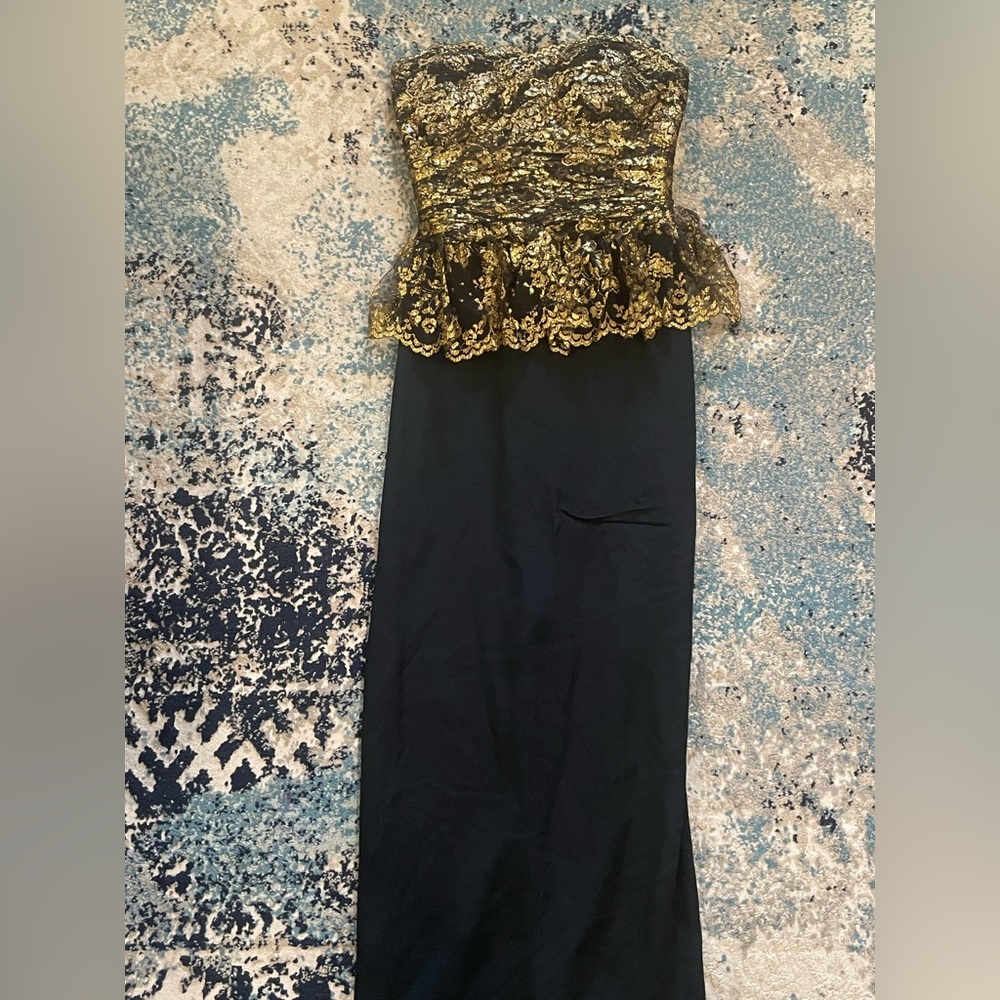 Marchesa Notte Black and Gold Floral Design Strapless Dress *Like New* Sz 6 - Picture 1 of 9